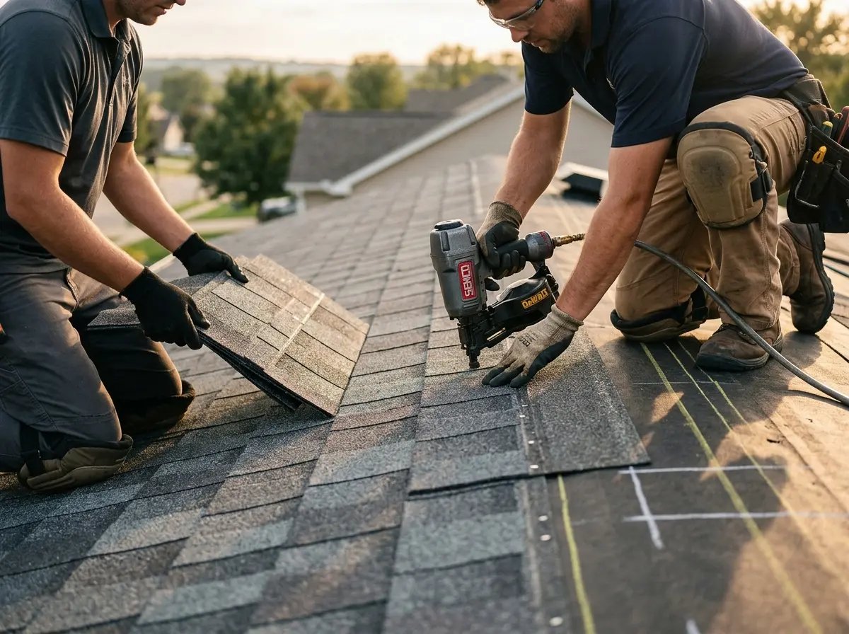 Professional roofer working on a residential roof in Lewisburg